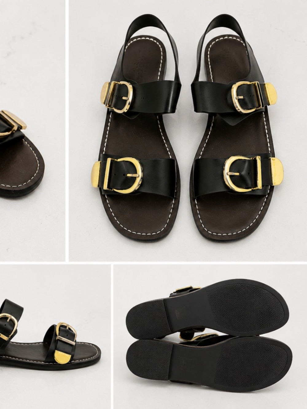 Women’s Black Double Buckle Flat Sandals Size 8.5 Gold Hardware Slingback Sandal